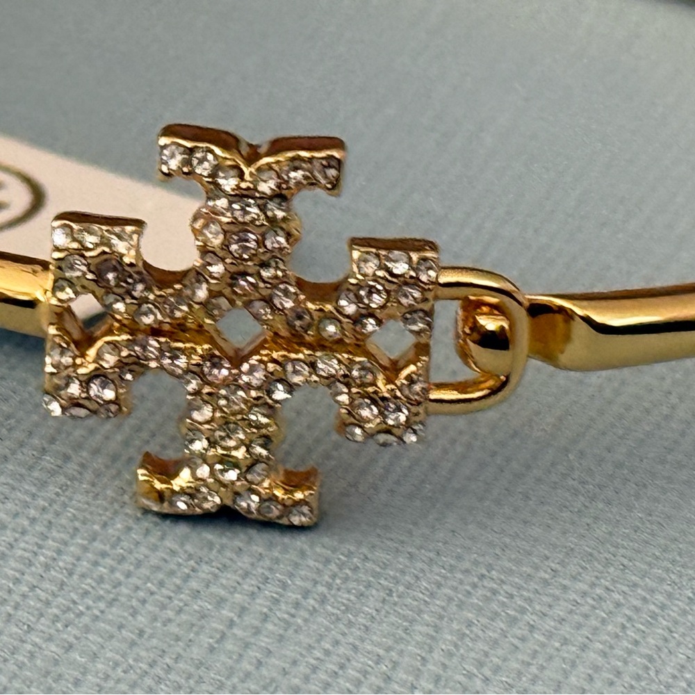 Tory Burch Gold Bracelet Bangle with Pave Crystal Logo - Picture 2 of 4